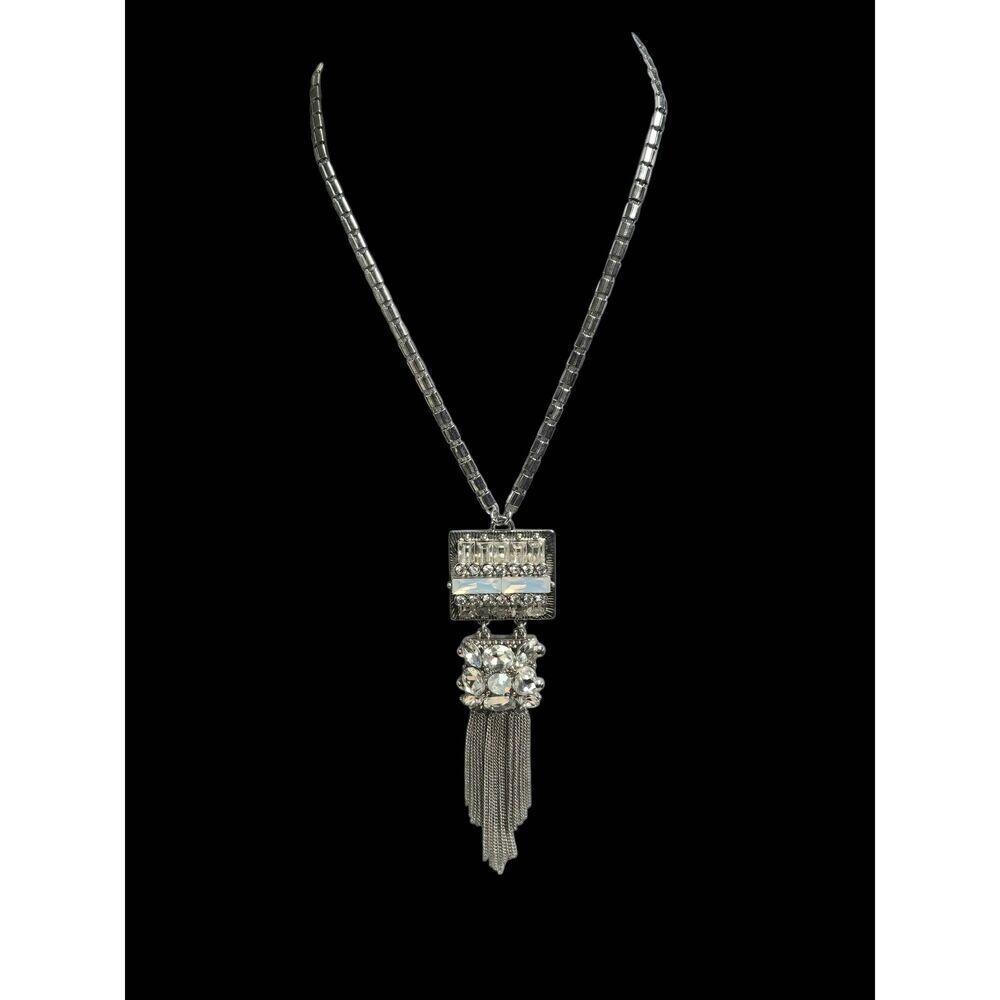 Vintage Silver Tone Rhinestone Hanging Pendant Necklace